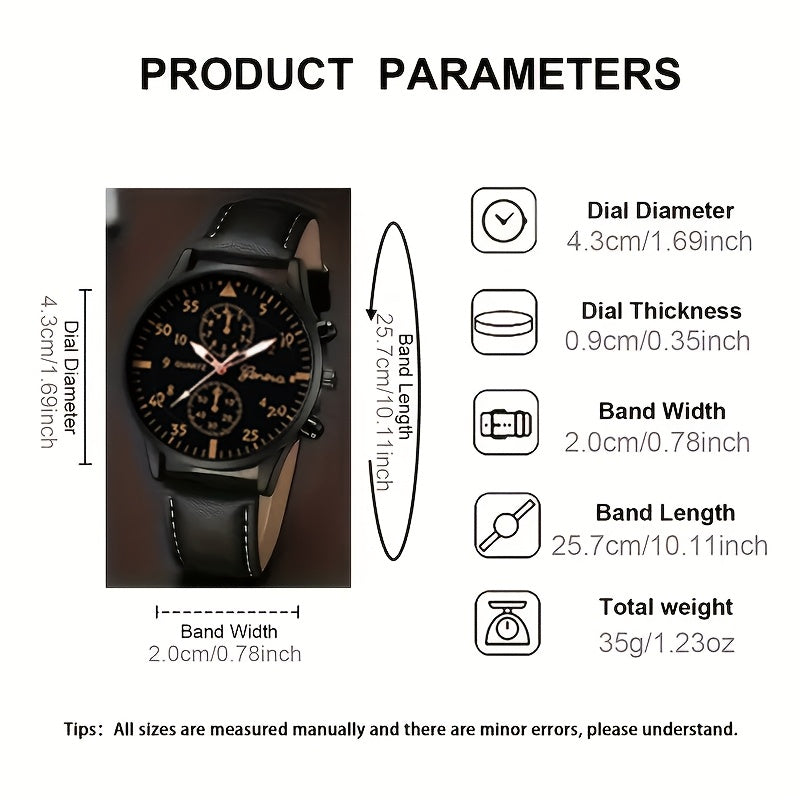 8-piece men's fashion quartz watch set with shock-resistant alloy case, round dial, faux leather strap, non-rechargeable button battery. Stylish casual watches.