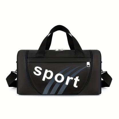 Unisex black nylon tote bag with adjustable shoulder strap and letter print for gym, yoga, sports, and leisure.