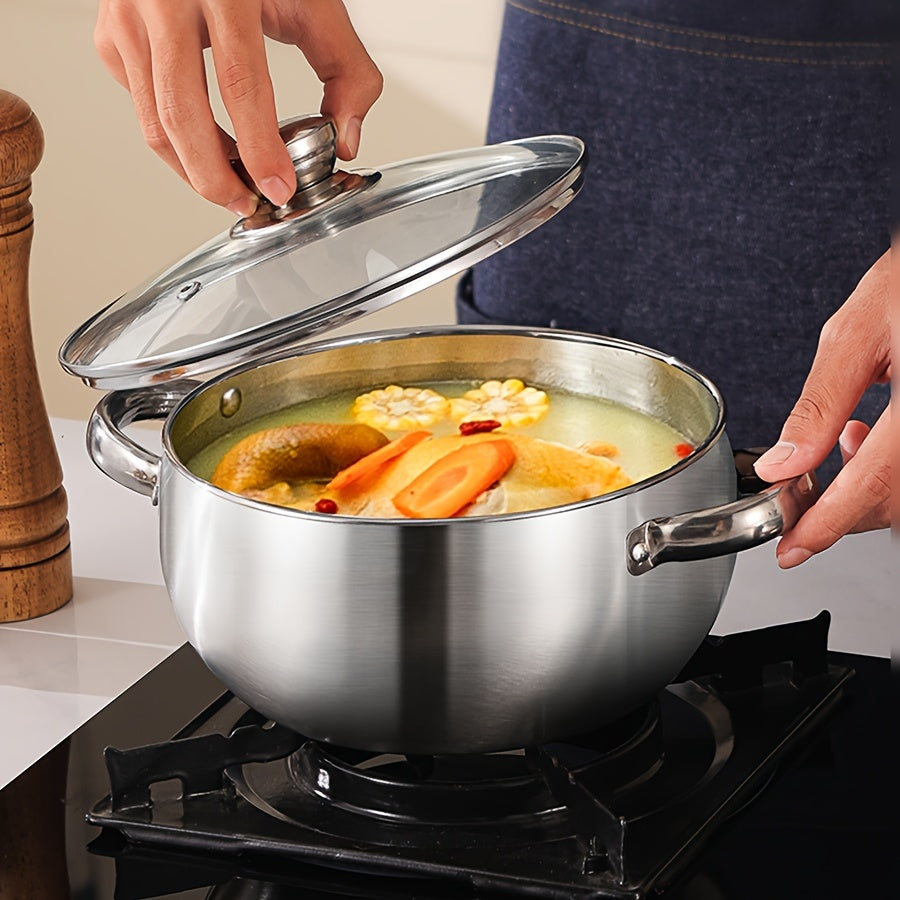 This stainless steel round pot set includes 3 pots and 3 lids, featuring a double handle design. They are dishwasher safe and compatible with various stoves, making them ideal for both home and restaurant cooking. The pots are perfect for preparing