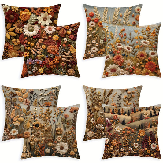 2 Boho Chic Autumn Wildflower Throw Pillow Covers with Short Plush Floral & Leaf Design, 45.72x45.72 cm, for Porch, Patio, Couch, Sofa. Zip Closure, Hand Washable, No Insert, Outdoor Use.