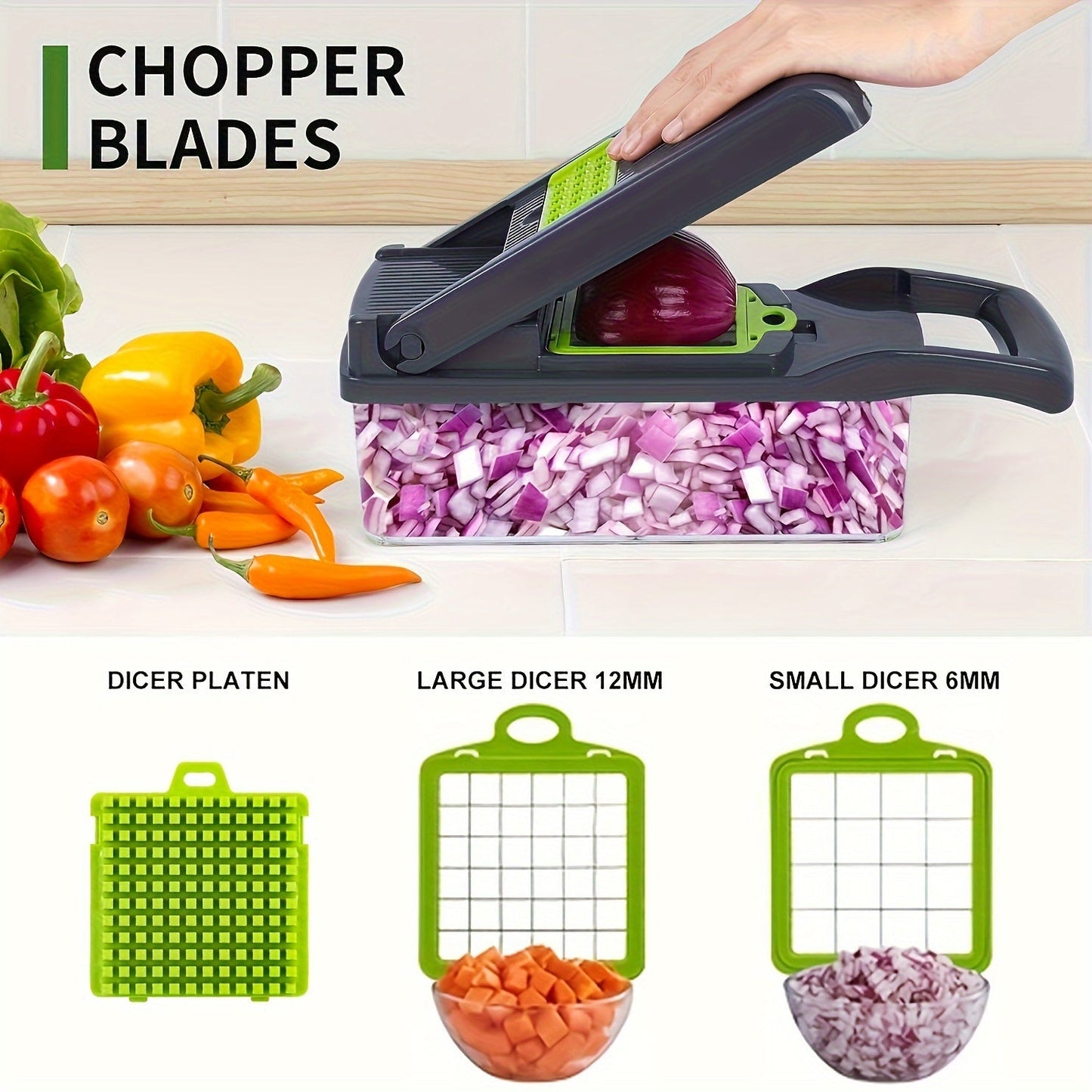 SuperChop Pro 16-in-1 qo'lda sabzavot maydalagich va to'g'ralish to'plamini oling - piyoz, pomidor kesgich, limon siqgich, 13 ta pichoq, BPA-free idish, elektr energiyasi talab qilinmaydi - oshxonada bo'lishi shart bo'lgan asbob.