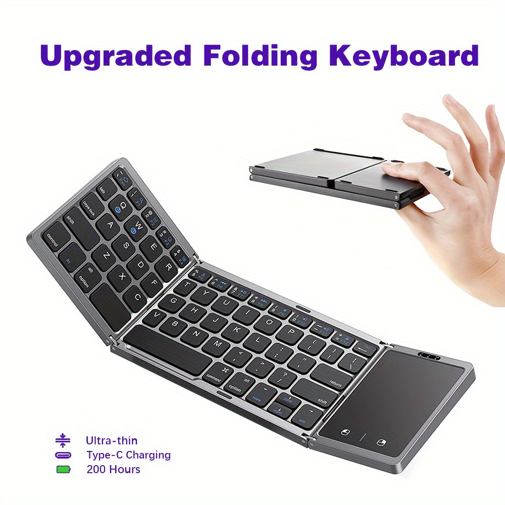 Compact foldable wireless keyboard with touchpad for Windows, Android, iOS, and Mac devices, perfect for tablets and smartphones.