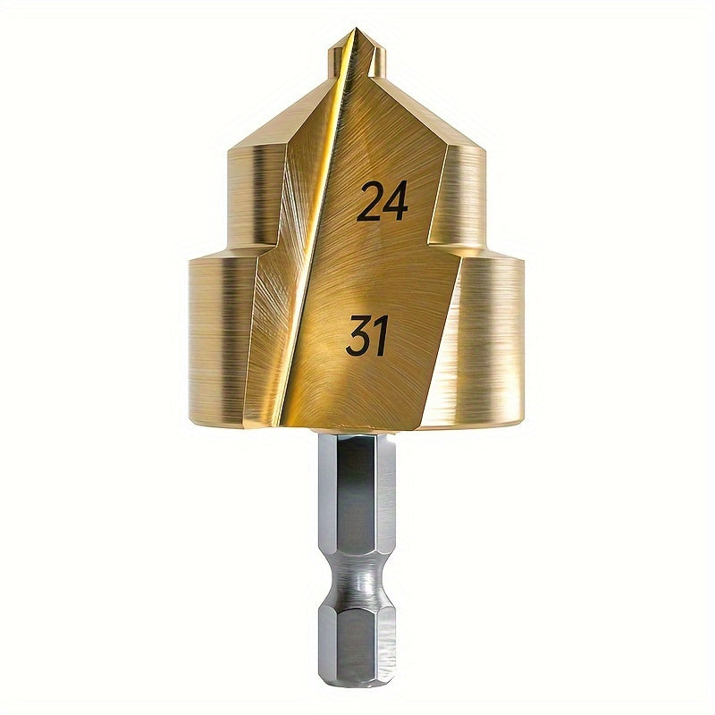 Hexagonal handle reaming drill bit for plastic water pipes. Converts small diameter pipes into larger ones. Ideal for connecting plastic pipes in home improvement projects.