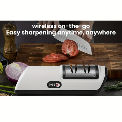 The Multifunctional Kitchen Gadget is a USB Rechargeable Electric Knife Sharpener that features 2 speeds and a built-in lithium battery. This gadget includes an automatic sharpening stone for quick blade edge restoration. Made of durable plastic