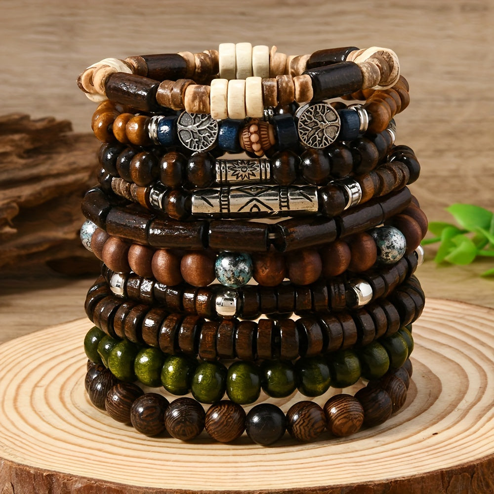 Set of 10 Bohemian Style Fashion Wooden Beaded Bracelets for Men and Women, Perfect Couple Bracelet Hand String Gift