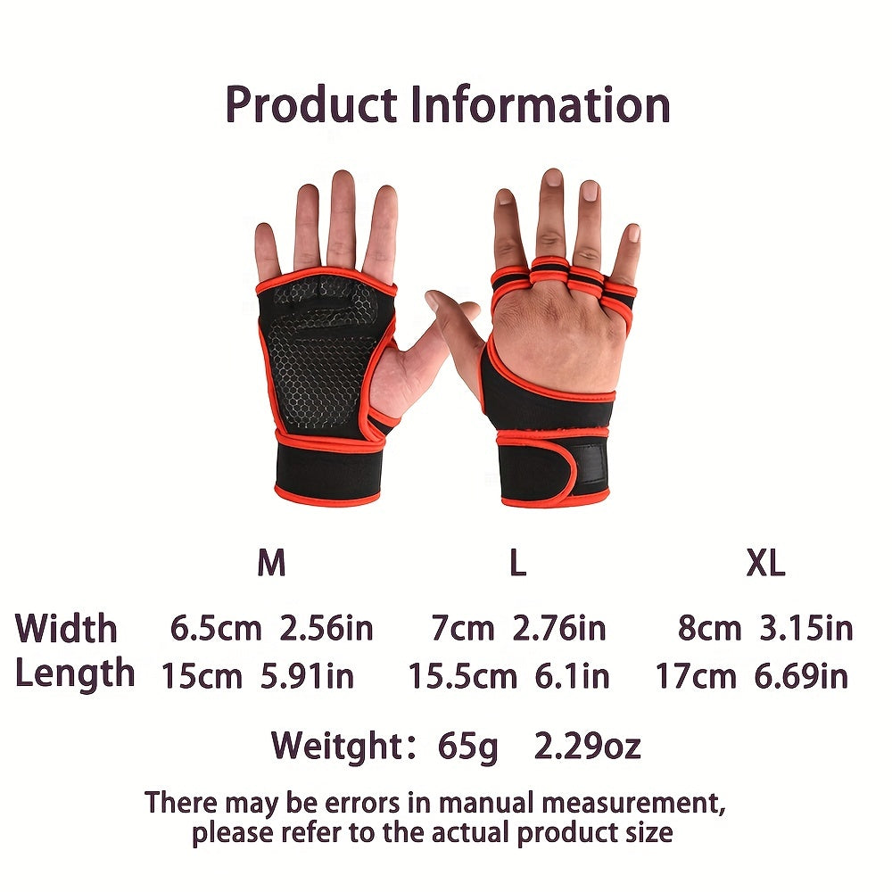 Half finger gym gloves with adjustable wrist support, ideal for pull-ups, barbell lifting and weightlifting. Made of breathable polyester fabric with hook-and-loop fastener closure in