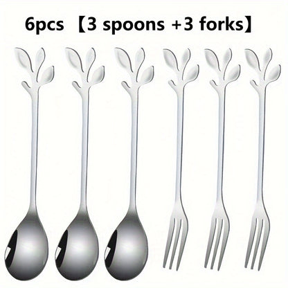 Leaf-shaped dessert spoons and forks in 24-pack, 12-pack, and 6-pack sizes for home and commercial use. Ideal for stirring, couple gifts, birthdays, parties, cakes, salads, and dinner gatherings. Trendy and stylish design.