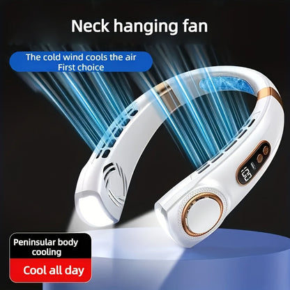 The USB rechargeable wearable mini fan with button control is a portable LED neck fan that provides quiet personal cooling. It is ideal for both indoor and outdoor use, made from plastic material with a built-in lithium battery and 5W power.