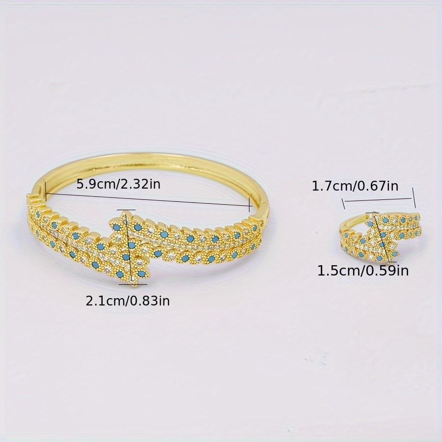 Middle Eastern women's heavy work inlaid zirconia leaf ring and bracelet set jewelry, perfect for bridal clothing accessories or as a Mother's Day gift during summer. The set includes one elegant ring and one stunning bangle.