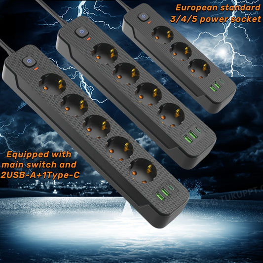 Heavy duty power strip with surge protector, European outlets, USB-A/C ports, flat plug, 220-240V AC, for various settings.