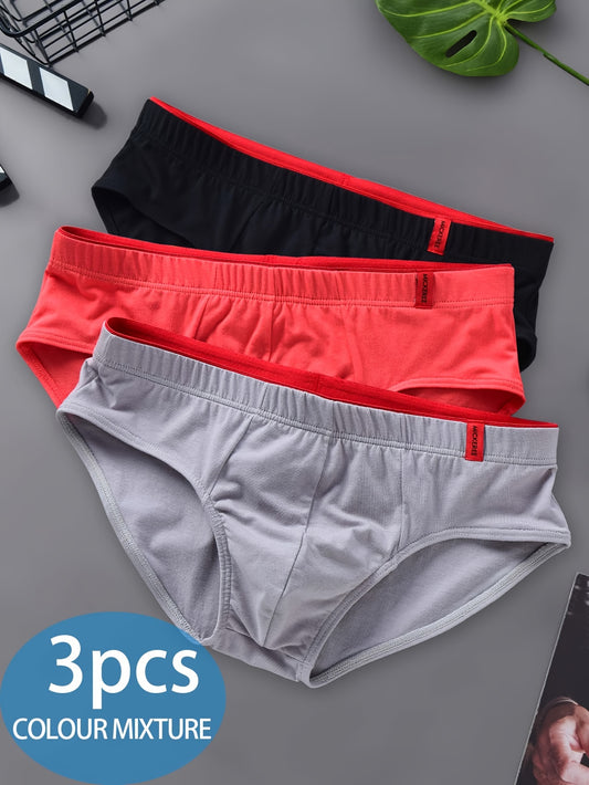 Three Mixed Color Men's Solid Casual Cotton Feel Triangle Underwear with Mid-Rise Comfort, Trendy Design, Breathable, Elastic, and Sweat-resistant.