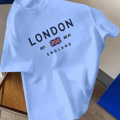 Men's London letter print short sleeve t-shirt, trendy casual style, regular fit, made of polyester with stretch, crew neck, graphic detail.