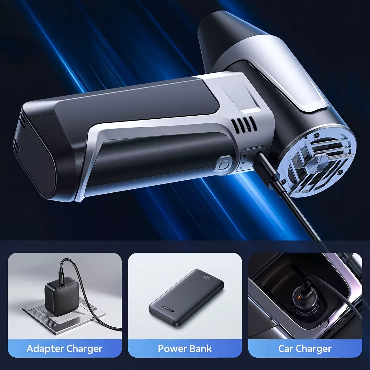 Turbo Fan Handheld with High-Speed Operation of 160,000 RPM and Powerful 52m/s Wind Speed. Features Brushless Motor and Durable ABS Material. Includes USB-C Fast Charging, Long-Lasting 5000mAh Lithium Battery, and Versatile Accessories. Ideal for