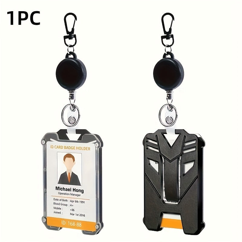 Durable retractable ID badge holder with carabiner clip and keychain, vertical card holder with convenient pull buckle for easy access.