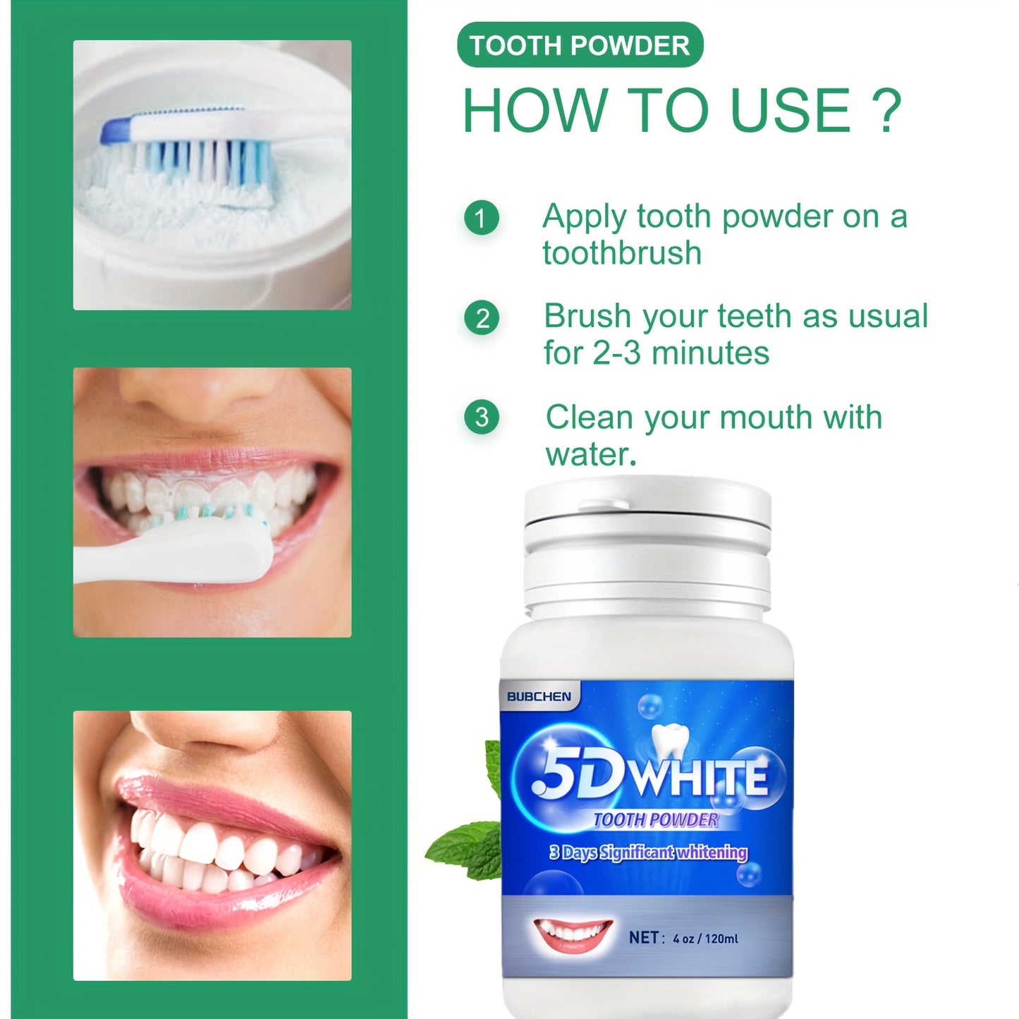 Teeth cleaning powder for daily use, freshens breath and deep cleans teeth.