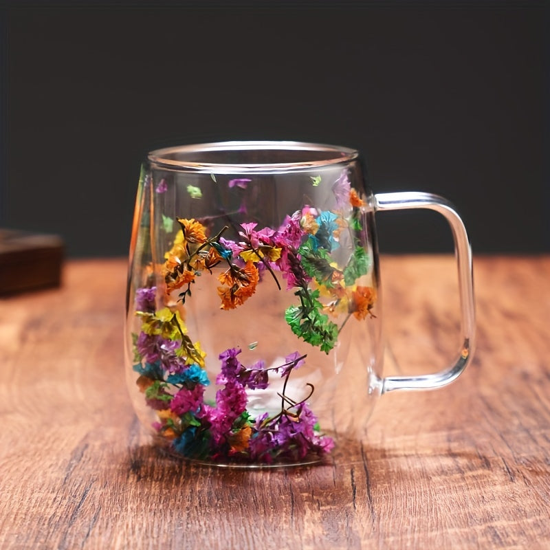 Double-layered glass coffee cup with flower design, suitable for office and home use, reusable.