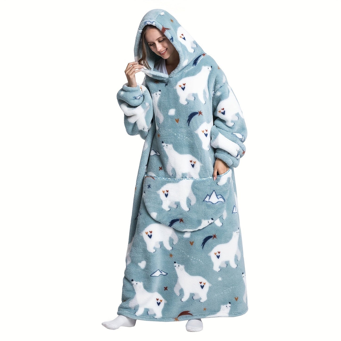 Super warm and cozy fleece oversized hoodie blanket with sleeves for adults. This wearable blanket hoodie features a giant pocket and is perfect for staying extra warm on cold days. Makes a great gift for women, men, and moms.