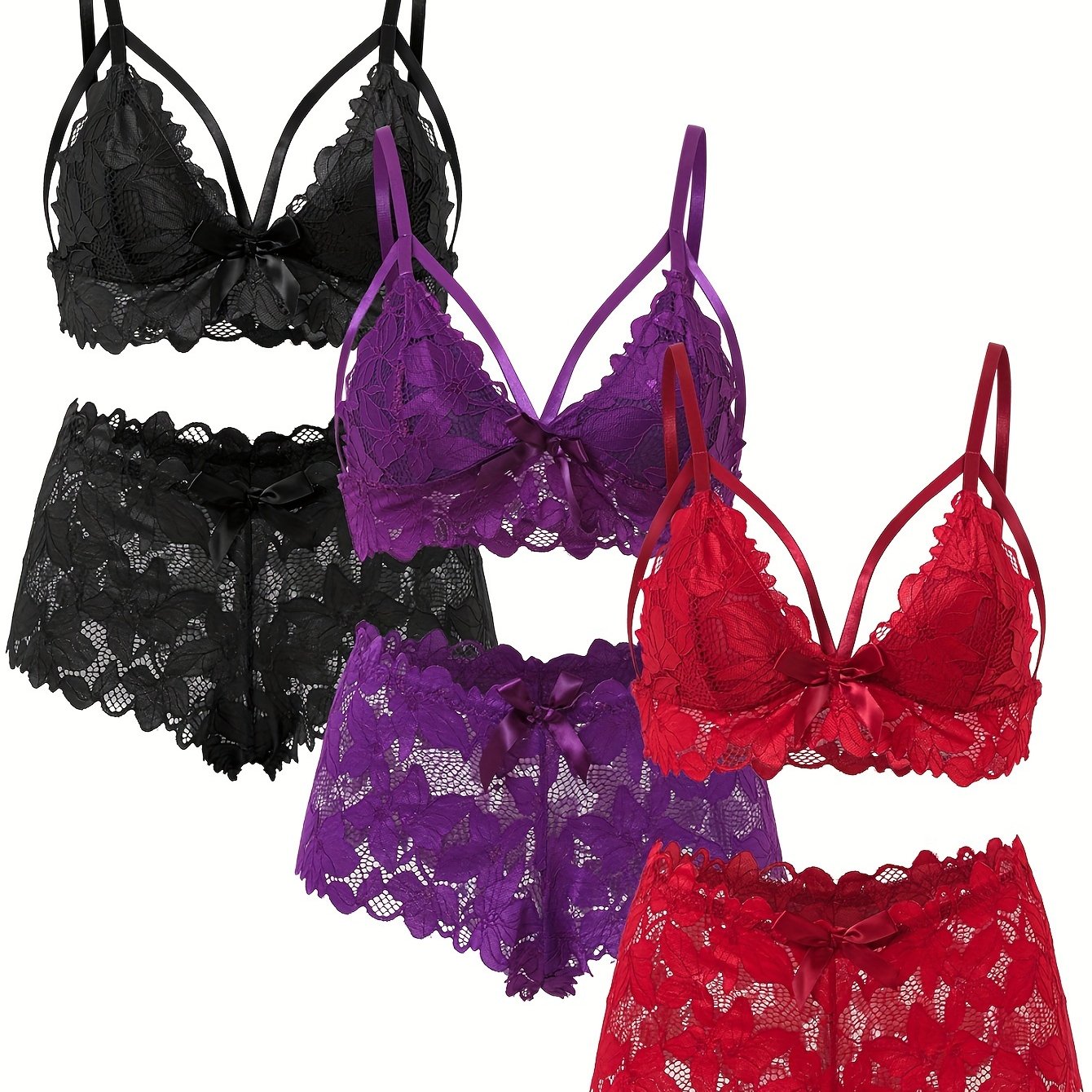 6-piece set of plus size sexy lingerie, featuring floral lace and scalloped trim with bow front. Includes strappy bra and panty.