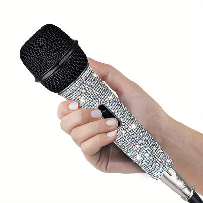 Metal handheld microphone decorated with rhinestones, ideal for singing with a 5.0 meter XLR cable.