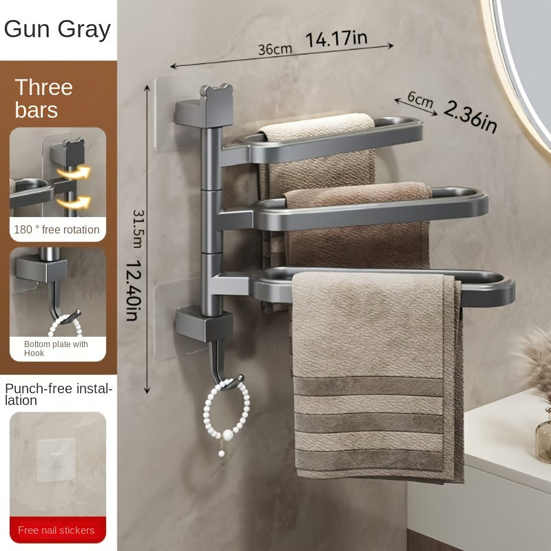 3-bar rotating towel rack - wall mounted, no-drill installation, ABS plastic, waterproof and rustproof, modern style for bathroom storage.