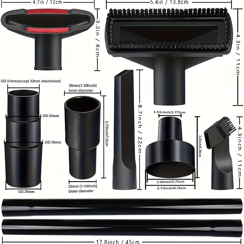 10-piece vacuum cleaner accessory kit includes plastic hose adapter set with horsehair brush, flexible gap tool, suitable for dry and wet use, no electricity needed.