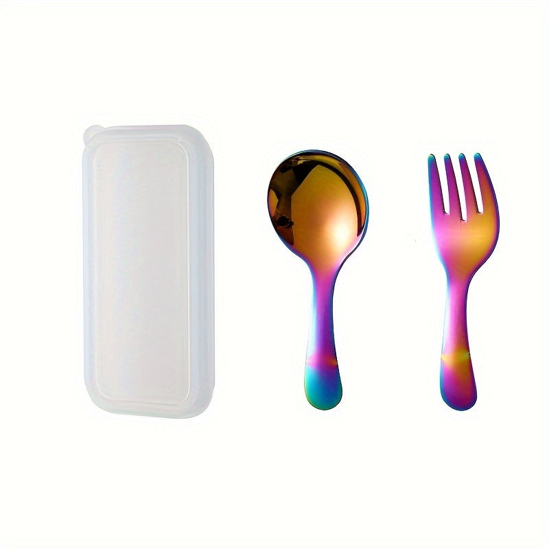 New set of 3 stainless steel forks and spoons with box, ideal for parties and travel. Includes round-headed spoons and forks that are multi-functional for ice cream, cake, and fruit.