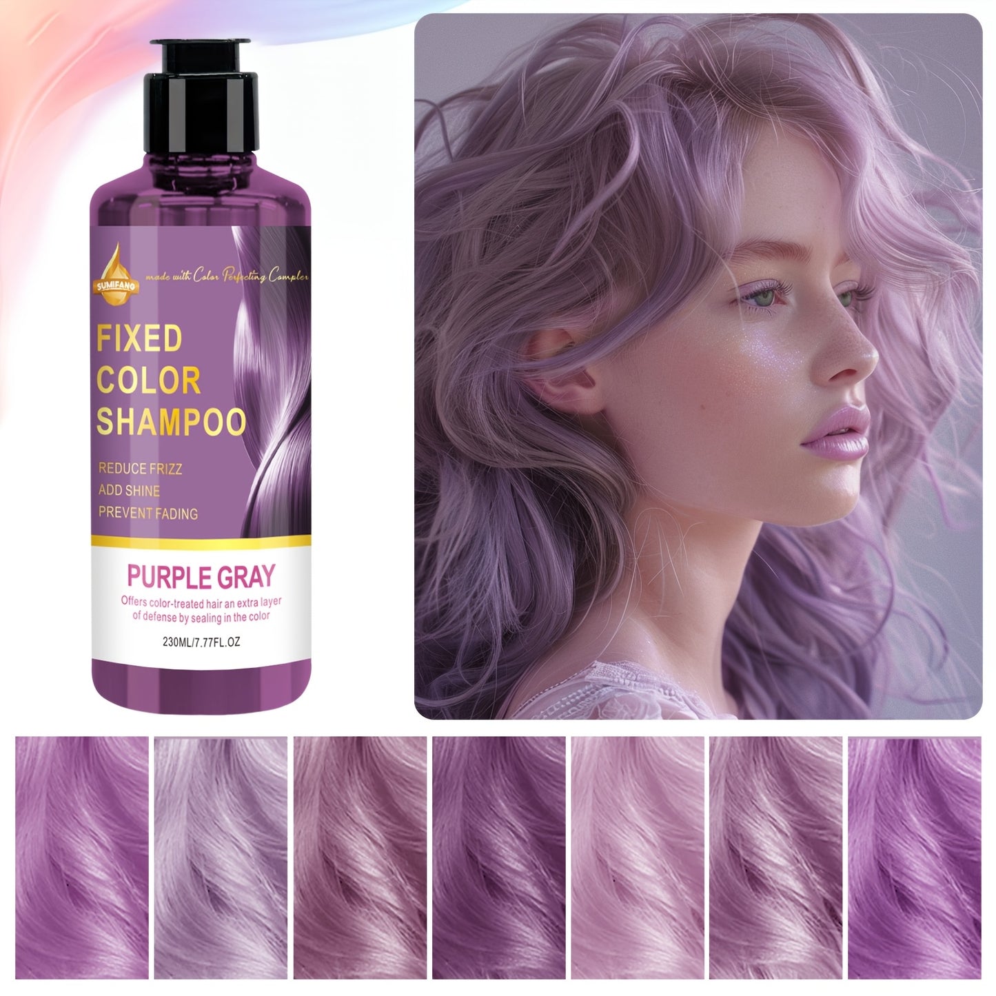 230 ml bottle of purple-gray tinted shampoo suitable for both men and women. Moisturizing coconut oil conditioner ideal for dry hair. Can be used daily for cosmetic purposes.