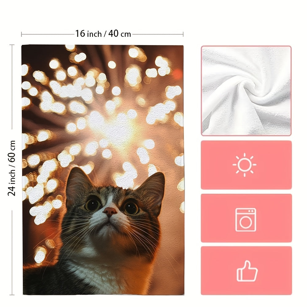 Set of 2 Ultra Soft Kitchen Towels featuring a Cute Cat & Dog Fourth of July Fireworks Pattern, Super Absorbent, Easy to Clean, 40.64x60.96 cm - Ideal for Adding Holiday Cheer to Your Kitchen Decor, Dish Drying Towels