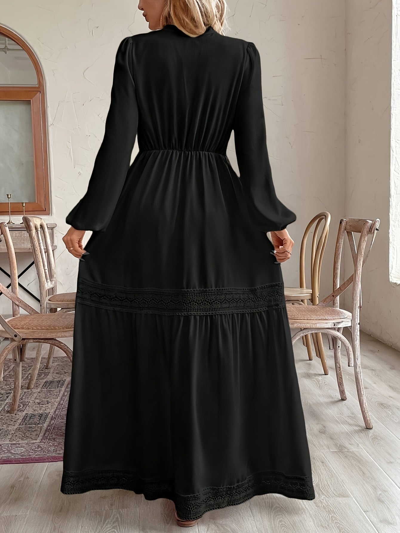 Stylish black maxi dress for women with lace detailing, high waist, and long sleeves. Made of polyester, suitable for all seasons. Flowy silhouette and non-transparent material.