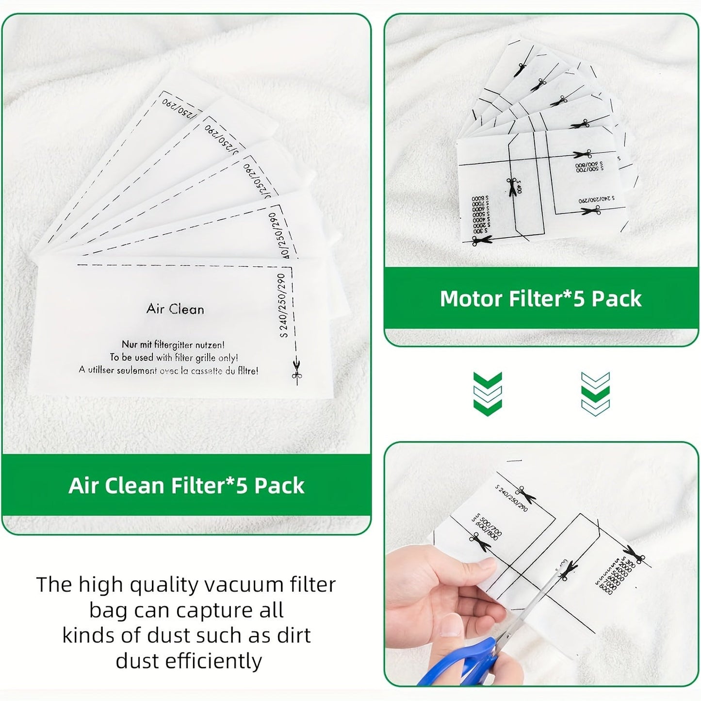 Replacement air filters and motor protection filters are available in a convenient 5-pack for canister and upright vacuum models including S200-S899, S2000-S8999, Classic C1, Dynamic U1, Compact C1/C2, and Complete C1/C2/C3.