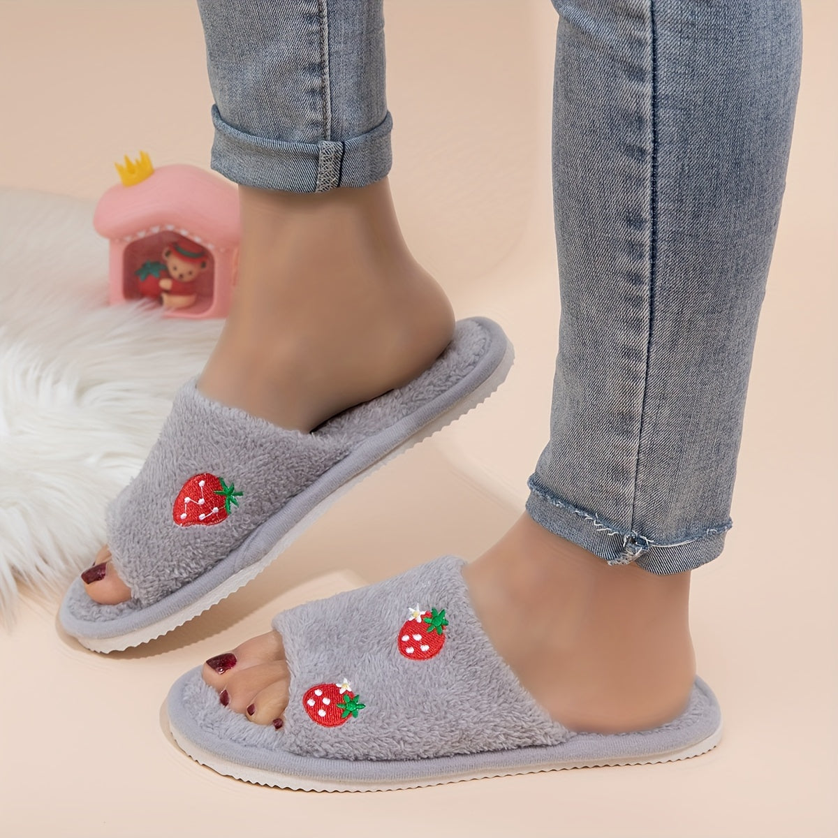 Strawberry embroidered open-toe slippers for women, with cozy comfort, lightweight design, non-slip sole, and machine washable.