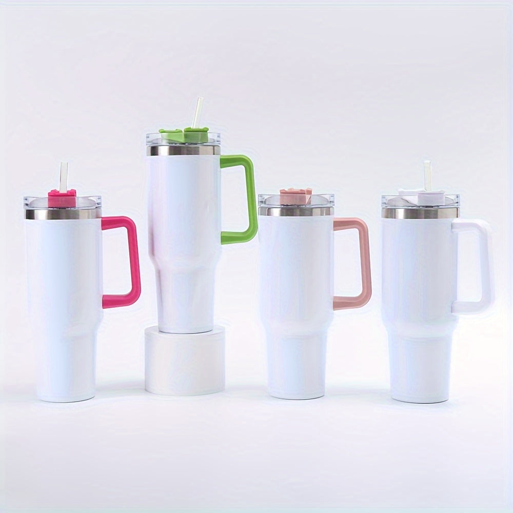 Set of 1 or 4 40oz tumblers with double-wall stainless steel, handle, straw, and personalized drinkware option.