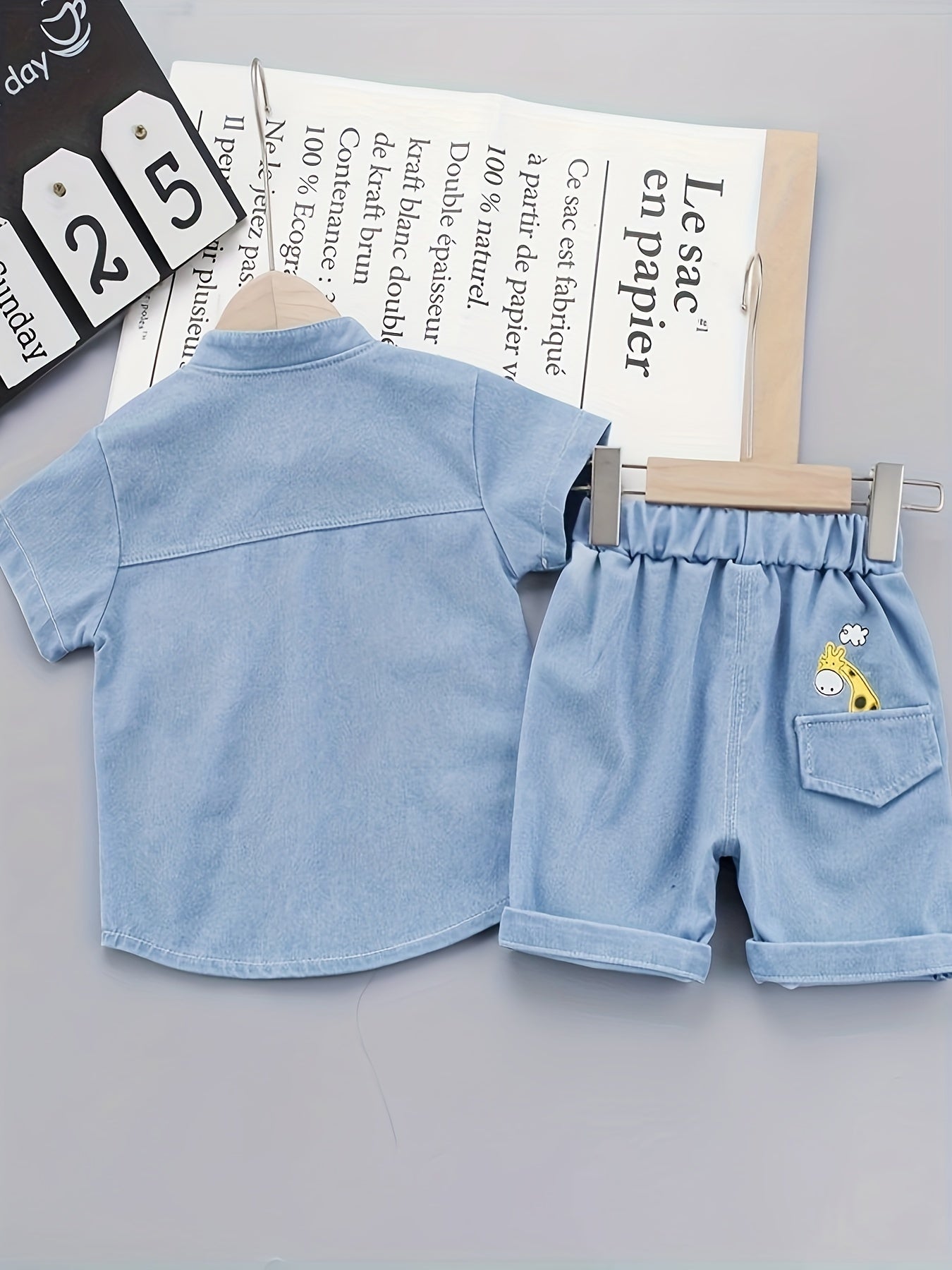 Baby boys' cute cartoon denim outfit for summer parties.