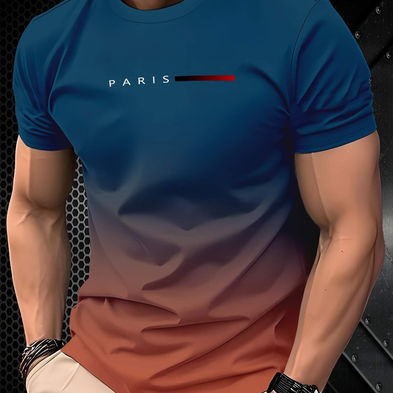 Men's breathable gradient color t-shirt with "PARIS" print, stylish short sleeve for casual comfort.