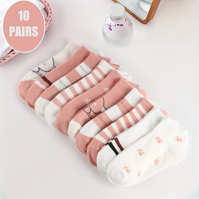 10 pairs of cute, comfy, and breathable cat pattern sports socks for women.