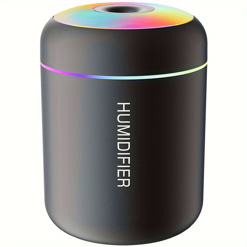 Compact USB-powered humidifier with 7-color LED lights, ideal for women to use in bedroom, car, home, and dorm.