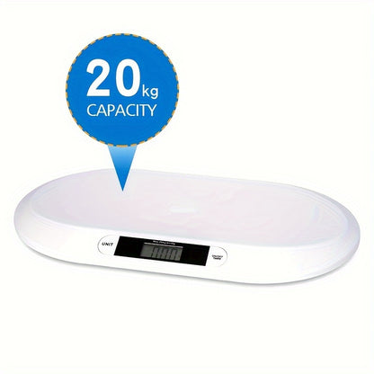 The smart scale has 3 modes and a tare function, with a curved platform and ruler suitable for infants, newborns, puppies, cats, and toddlers up to 44 pounds (20 kg).