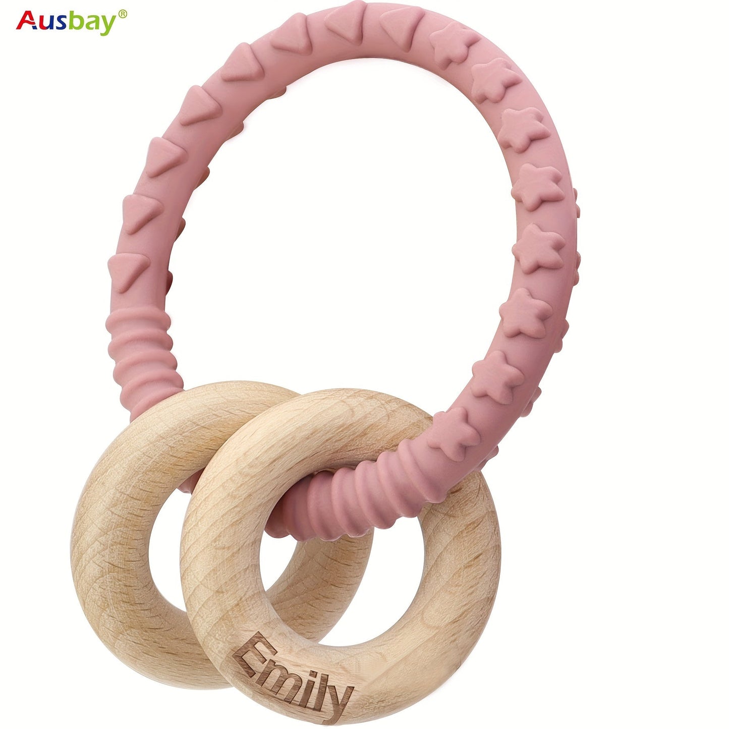 Customizable Silicone Wooden Rattle Ring, Personalized Keepsake With Cute Wood Rings