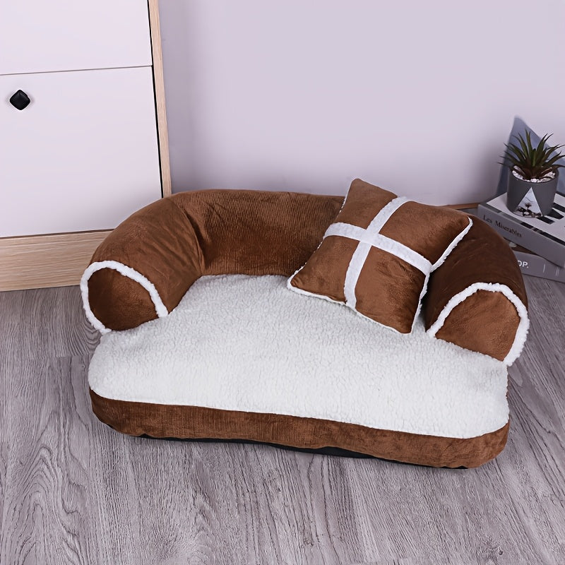 Winter warm pet sofa bed with removable and washable cushion made of comfortable polyester fiber for all seasons. Suitable for small to large dogs and cats. No assembly required.