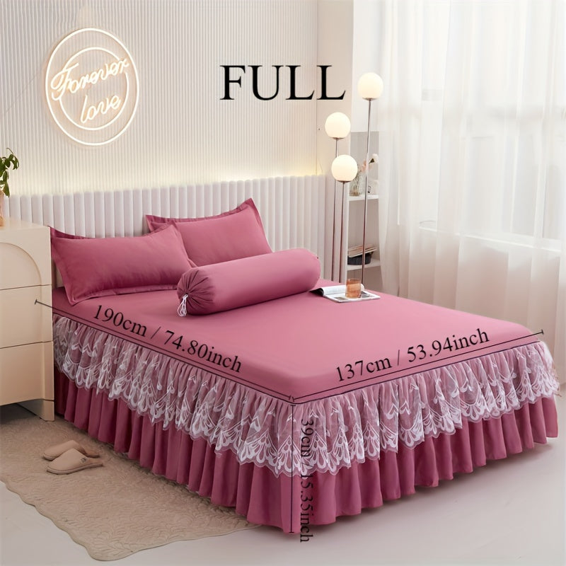 Chic 3-Piece Bed Skirt Set Featuring Double Layer Lace - Comes with 1 Bed Skirt and 2 Pillowcases, in a Solid Color. Non-Slip and Perfect for All Seasons, this Set is Machine Washable for easy care.