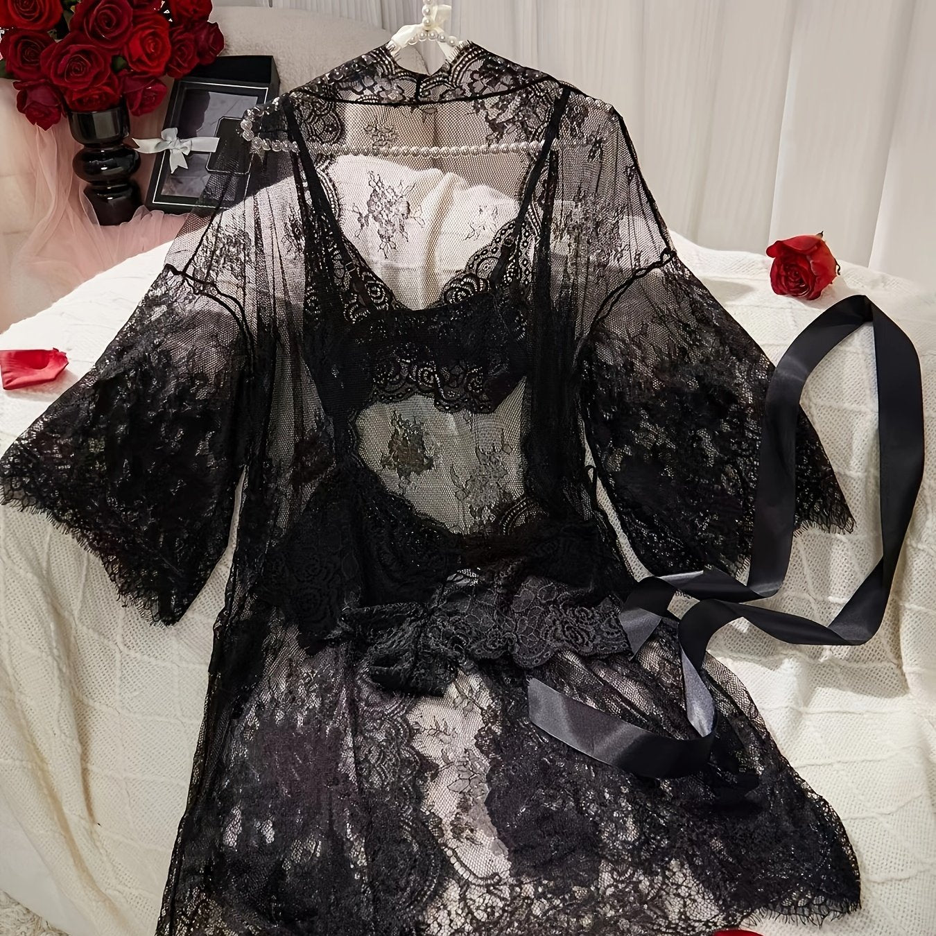 Sheer lace deep V sleepwear for women.