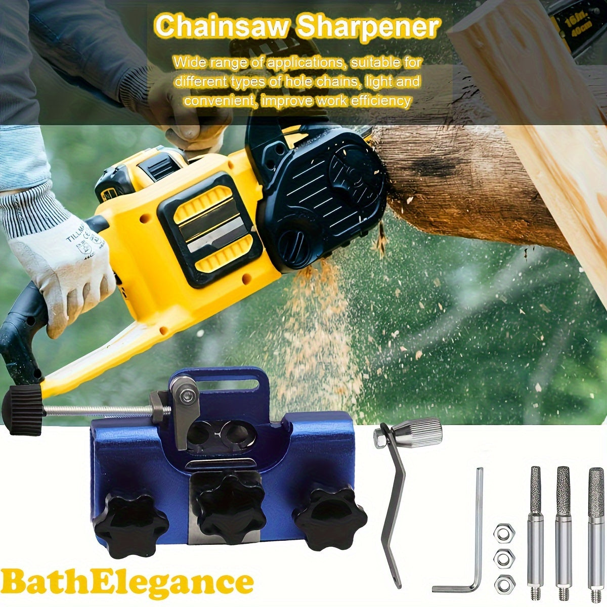 Handheld chainsaw sharpening fixture kit with 3 grinding heads and carrying bag for DIY lumberjacks.