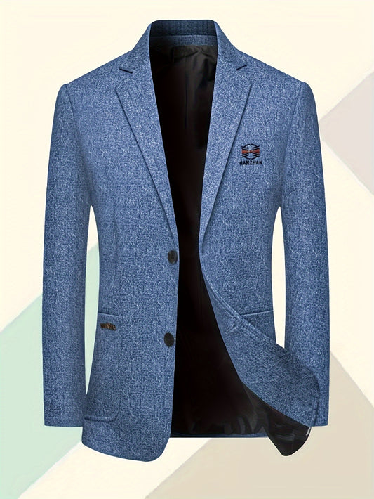 Light blue men's casual business blazer with lapel collar, long sleeves, side pockets, made of polyester, machine washable.