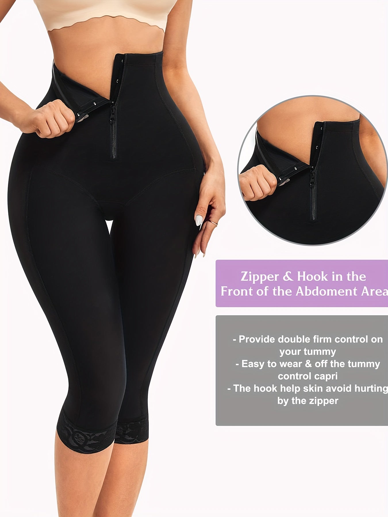 High-waisted shapewear capris with ruffle neckline, tummy control, butt lifting, and zipper detail. Made of 88% nylon and 12% spandex knit fabric.