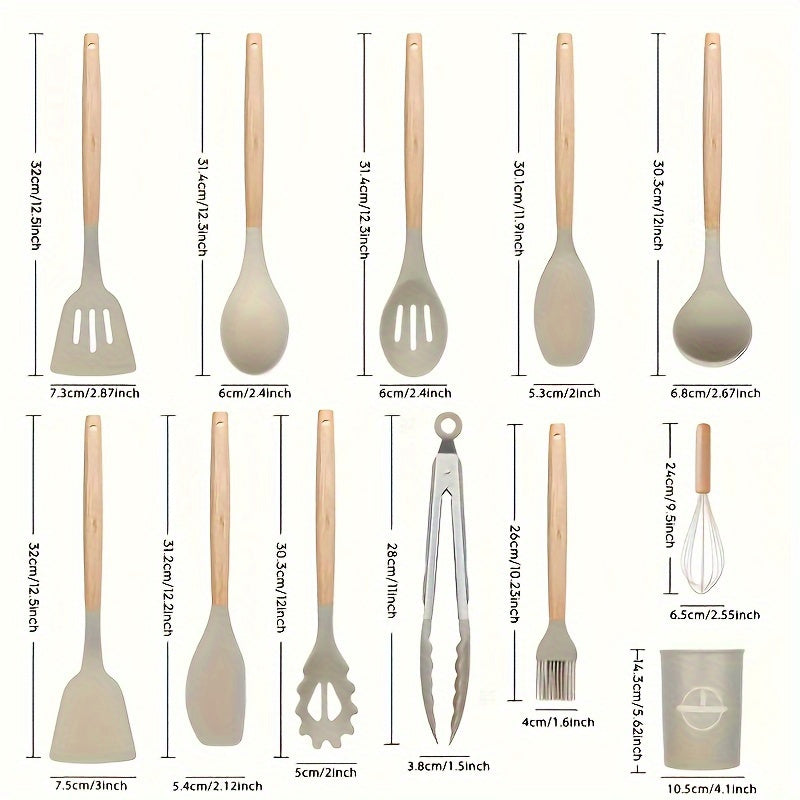 Silicone Kitchen Utensil Set with 12 Pieces and Wooden Handles - Non-Stick Cooking Tools for Home and Dorm Use - Ideal Present for Christmas and Halloween