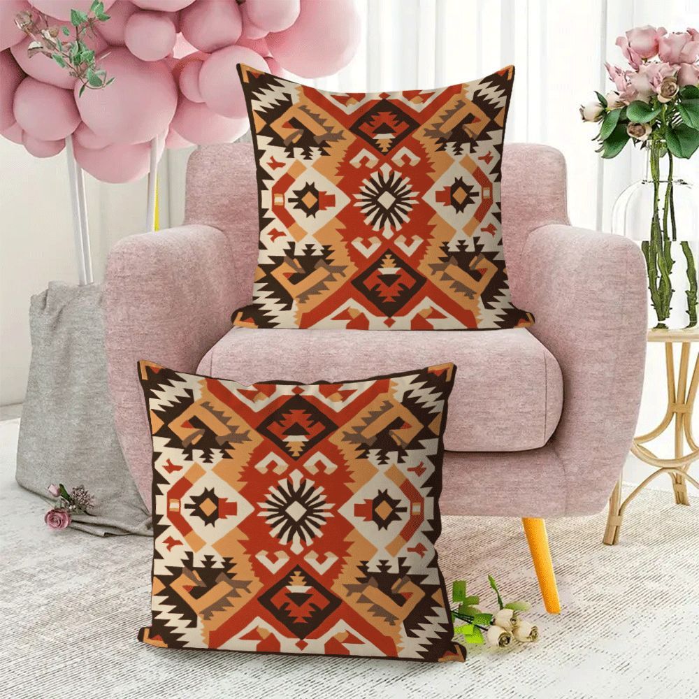 Modern Bohemian Retro Geometric Flannel Pillow Covers, 2-Pack, 45.72x45.72 cm, Zipper Closure, Machine Washable, Ideal for Back Sleepers, Sofa and Outdoor Tent Decor, All-Season Square Cushion Cases (Pillow Inserts Not Included)