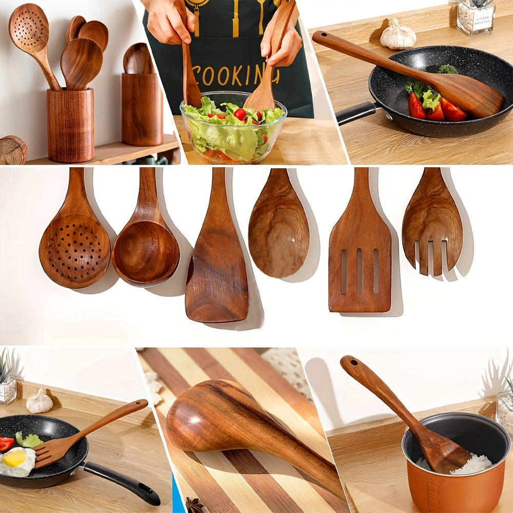 Set of 7 cooking utensils made of premium wood, including a shovel and spoon, designed for heat resistance and use with non-stick pans. Also includes a salad spoon and fork, perfect kitchen accessories for cooking.