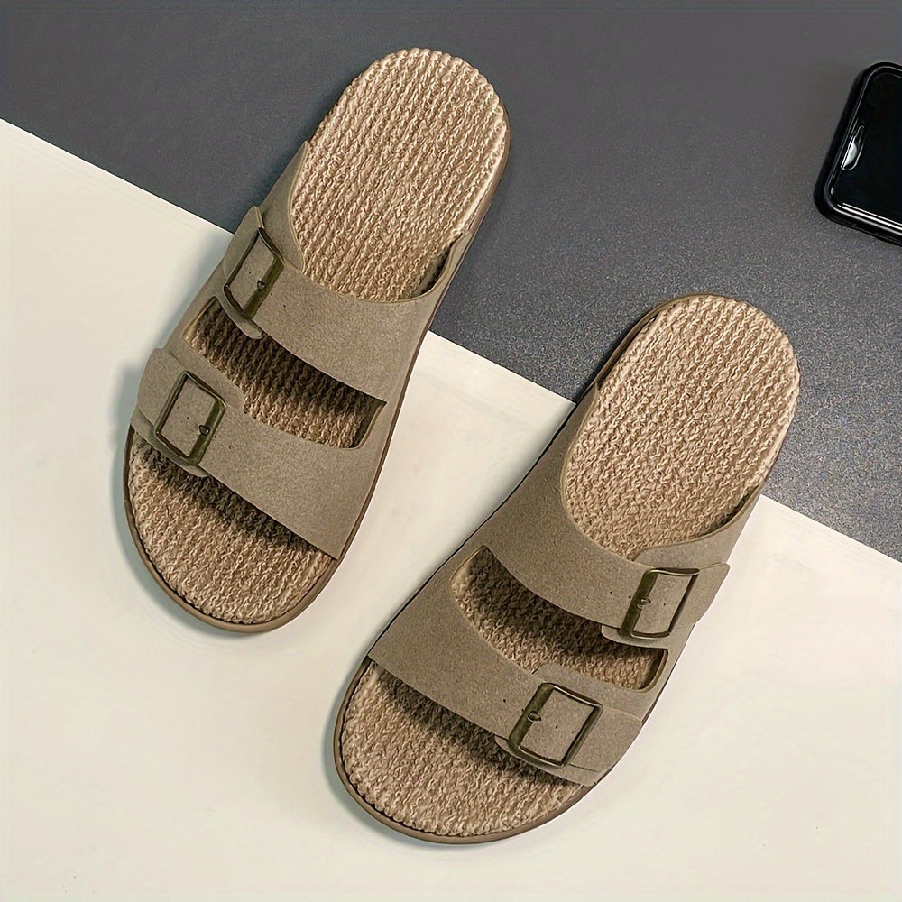 Vintage open toe slippers with non-slip double buckle straps for men.