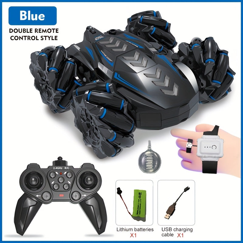 Double-sided remote control car with drift capabilities, lights, and music for stunt doubles.