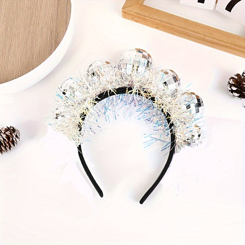 Headwear for Christmas and New Year Festival. Disco ball shaped hoop with glitter for a creative party look.